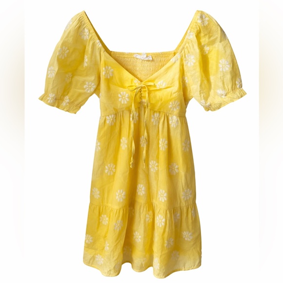 Dee Elly Yellow White Daisy Smocked Puff Sleeve Mini Babydoll Dress - Picture 2 of 7